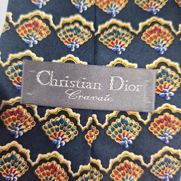 Christian Dior Cravates 100% Silk Navy Floral Fan Pattern Tie - Picture 5 of 6